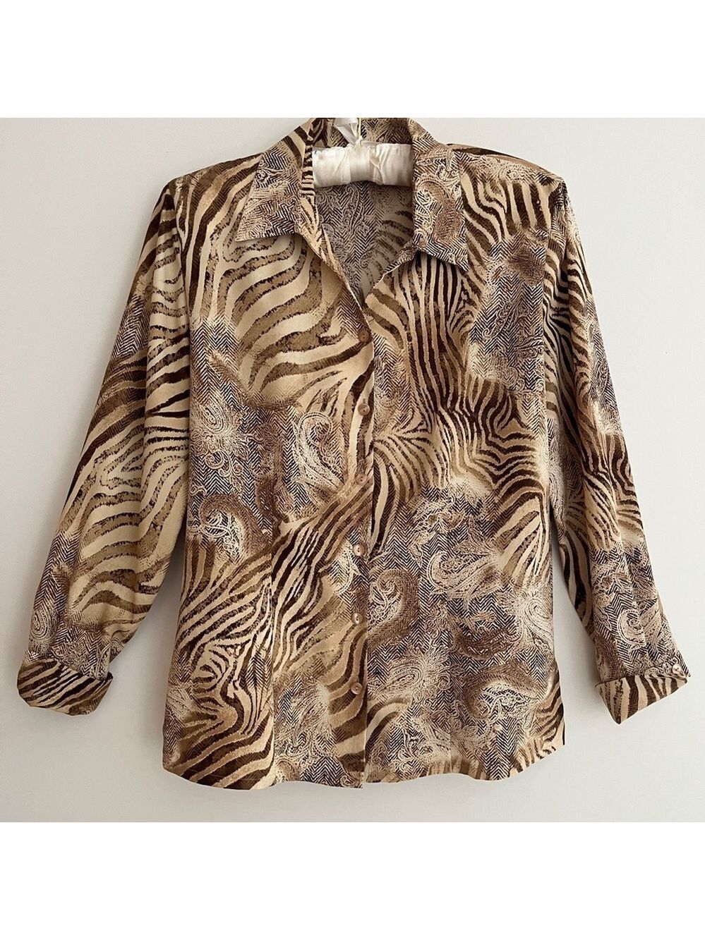BASLER Tiger Paisley Print Long Sleeve Button Front Blouse Safari Business Chic